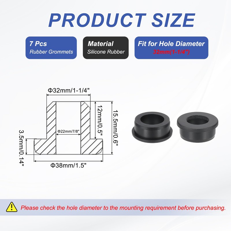 PATIKIL Silicone Rubber Grommet, 7 Pcs 1-1/4"(32mm) Drill Hole, 7/8"(22mm)