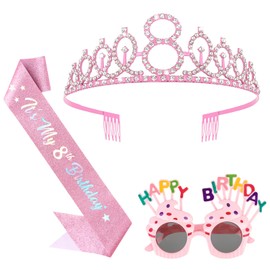 YARIEW 8th Birthday Decorations for Girls, 8th Glitter Sash and Crown Kit with Happy Birthday Sunglasses, Tiara Princess Crown and Sash Party Outfit Accessory