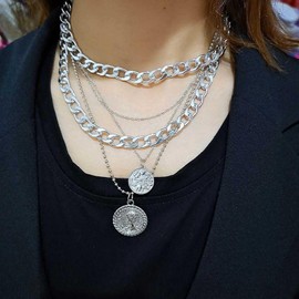 Aneneiceera Boho Multilayer Coin Necklace Vintage Silver Chunky Link Cuban Chain Choker Rock Statement Layered Coin Necklace Disc Coin Pendant Necklace Charm Jewelry for Women and Girls(Silver)