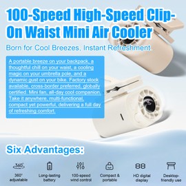 NORMIA RITA Clip fan，Rechargeable Personal With LED Display，Hands-Free Cooling for Travel, Work, Stroller, Camping，0-100 Speed Adjustment