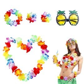 Hawaii Necklaces, Hawaii Decoration, Flower Chain, 4 Pieces Hawaiian Garlands and 1 Pineapple Sunglasses, Hawaiian Flower Chains Hula Necklace Lei, for Dress, Party Favours, Beach and Themed Birthdays
