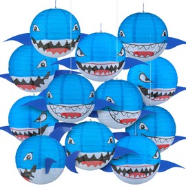 Baquler 12 Pcs Shark Paper Lanterns 8 Inch Under The Sea Party Decorations Round Hanging Shark Lanterns for Summer Ocean Theme Indoor Outdoor Birthday Party Decorations