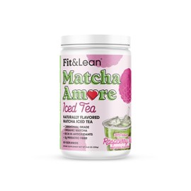 Fit & Lean Matcha Amore Iced Tea, Organic Ceremonial Grade Matcha Green Tea, Prebiotic Fiber, L-Theanine, Naturally Sweetened, NON-GMO, Zero Sugar, Raspberry Iced Tea, 30 Servings