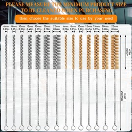 Asherxin 14-Pieces Brass Wire Brush Stainless Steel Tube Brush Set 12" Round Wire Brushes Kit Bore Brush Metal Bristle Cleaning for Pipe, Tube, Auto Parts, Engine (6mm/8mm/10mm/12mm/15mm/20mm/22mm)