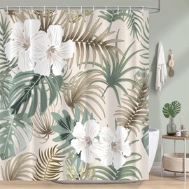 PAOPOED Tropical Shower Curtain for Bathroom, Green Palm Tree Flower Plant Boho Leaf Banana Monstera Sage Beige Shower Curtains Set, Fabric Bathroom Accessories with Hooks