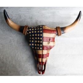 Ebros Gift Rustic Western Patriotic USA American Flag Star Spangled Banner Steer Bison Buffalo Bull Cow Skull Wall Decor Plaque 16.25" Wide