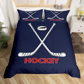 Ice Hockey Bedding Set Twin Size,Abstract White Hockey Cue Duvet Cover Set 2pcs for Kids Boys Men Room Decor,Ball Sports Gaming Comforter Cover Modern Navy Blue Quilt Cover,1 Pillowcase