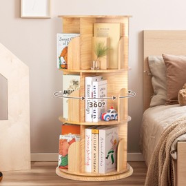 OOOK Solid Wood Rotating Bookshelf for Kids, Spinning Bookshelf Tower with Large Capacity for Small Space, 360° Display 3 Tier Thick Corner Shelf with Texture for Bedroom, Reading Room, Living Room