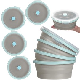Suclain 4 Pcs Camping Bowl with Lid Collapsible Silicone Bowl Lunch Box Salad Bowl Expandable Food Storage Container Folding Travel Bowl for Hiking Camping(Blue Rim Gray,41 oz)