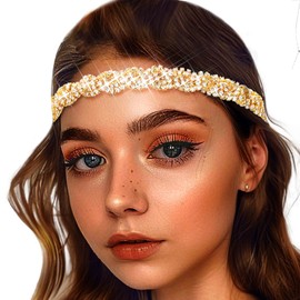 Women's Rhinestone Headbands, Sparkly Elestic Hair Band, Vintage Metal Headbands, Sparkly Elegant Party Daily Head Chain (Gold, M)