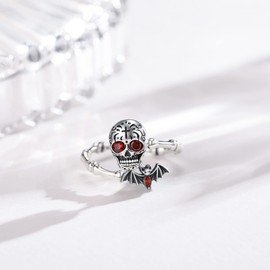 Skull Ring Sterling Silver Adjustable Open Skeleton Ring Anxiety Ring Vampire Bat Ring Bat Skull Thumb Rings Vintage Skull Jewelry Gifts for Women Men Mother's Day