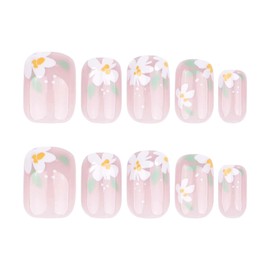 Flower Press on Nails Short Square Fake Nails 24pcs French Tip False Nails with Floral Designs Pink Glue on Nails Glossy Small Daisy Flower Acrylic Nails Spring Artifical Stick on Nails