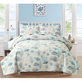 Ocean Quilt Set Full/Queen Size Coastal Beach Theme Bedding Lightweight Reversible Starfish Seashell Conch Bedspread Coverlet Seaweed Coral Bed Cover with 2 Pillow Shams