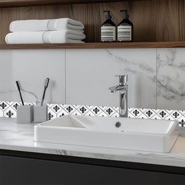 HOMETITUTE Wallpaper Border Peel and Stick Decorative Wall Trim Self Adhesive Vintage Tile Accent Strip for Kitchen Bathroom Entryway Dining Room Mirror Frame Shelf Edge 4x196 Inch Black White Design