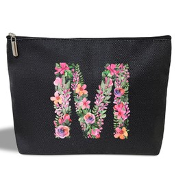 Initial Letter M Gifts for Women Mom Friend Besties Sister, Black Monogrammed Makeup Bag, Cosmetic Travel Bag with Zipper for Mother's Day Wedding Graduation, Bride Bridesmaid Pouch Toiletry Bag - 13