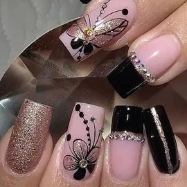 Black French Tip Press on Nails Medium Coffin Fake Nails Butterfly Floral Nails Press ons with Rhinestones Design Acrylic Nails Full Cover Glossy Glue on Nails Stick on Nails for Women Manicure 24 Pcs