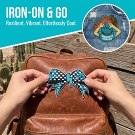 15PCS Western Racing Iron On Patches, Blue Checkered Cowgirl Embroidered Appliques for Trucker Hats, Jackets, Rodeo Bags & DIY Accessories