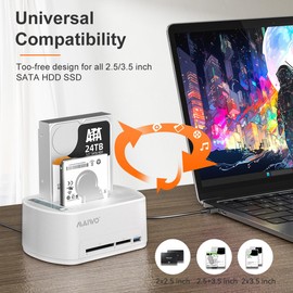 MAIWO Dual Bay Hard Drive Docking Station with Offline Clone for 2.5 3.5 Inch SATA HDD SSD, 3X USB 3.0 Hub Extension, 48TB Capacity, External Hard Drive Duplicator Cloner, White