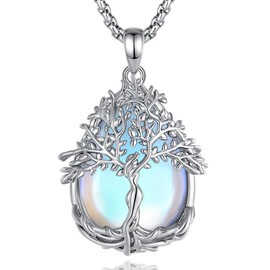 Vito Moonstone Tree of Life Necklace for Women Men, Silver Plated Copper Teardrop Moonstone Crystal Tree Necklace Protection Energy Amulet Jewelry Gift for Mom Wife, 20+2"