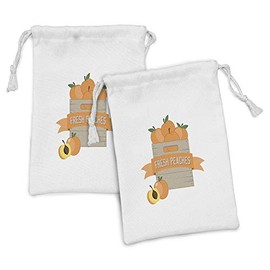 Ambesonne Peach Fabric Pouch Set of 2, Cartoon Illustration of Ripe Fruits in a Box with Fresh Peaches Lettering, Small Drawstring Bag for Toiletries Masks and Favors, 9" x 6", Apricot Dusk and White