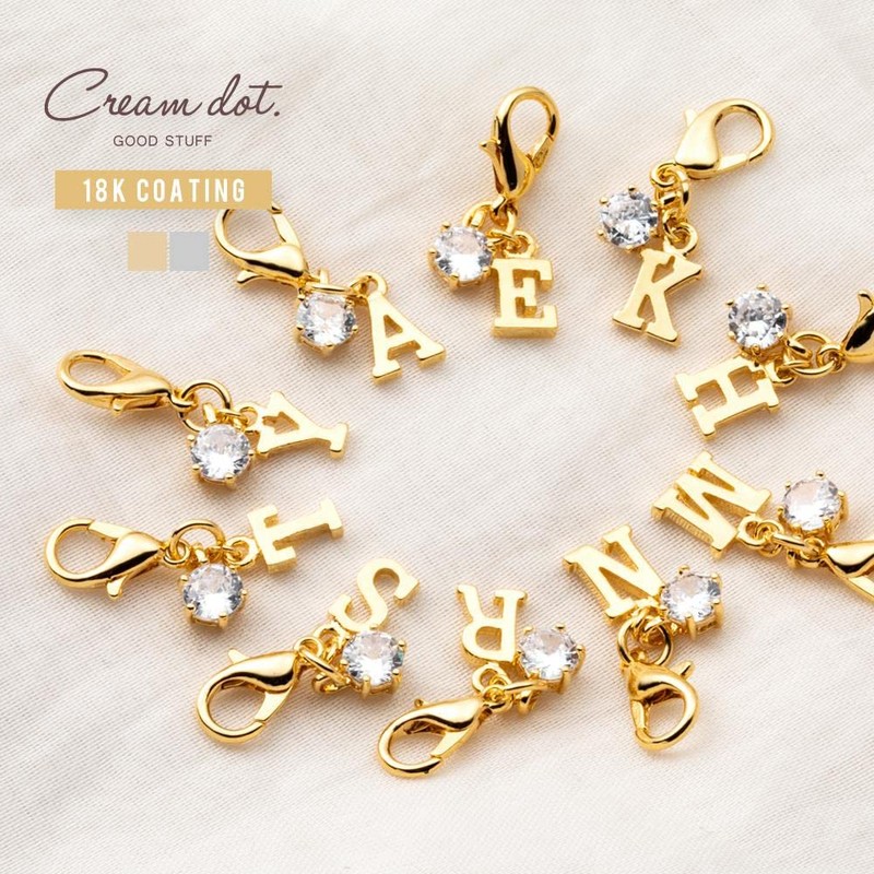 Cream dot. Charm, 18k Coated, Initial, Alphabet, Cubic Zirconia, Single