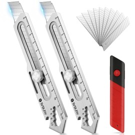 BIBURY Paquete de 2 Cuchillos Utilitarios Multiusos, Cortador de Caja Retráctil de Acero Inoxidable Completo de Alta Resistencia con 10 Cuchillas Reemplazables (18mm de Ancho), Cuchillo de Afeitar