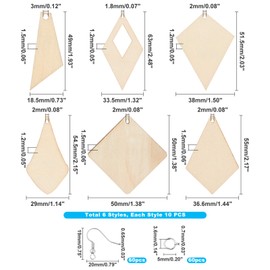 PH PandaHall 60pcs 6 Styles Unfinished Wooden Earrings Blank, Rhombus Natural Wood Drop Dangle Earrings with 60pcs Earring Hooks, 60pcs Jump Rings for Jewellery Making