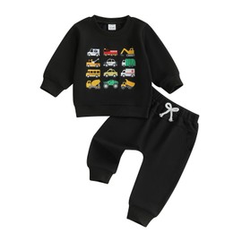 Fufuriprefer Toddler Baby Boy Fall Outfit Vehicle Print Long Sleeve Sweatshirt and Elastic Pants Set 2Pcs Winter Clothes (Black, 2-3T)