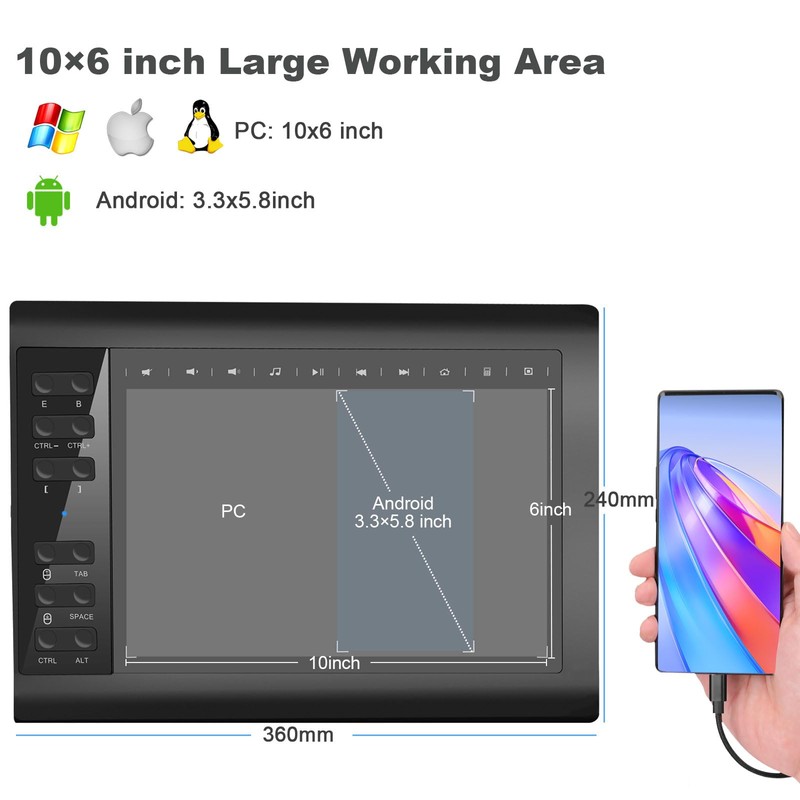 Graphics Drawing Tablet,10x6 inch Digital Writing Tablet with 8192 Levels