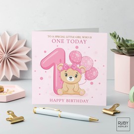 Ruby Ashley 1st Birthday Card For A Girl - Cute Teddy Bear Birthday Card For A One Year Old Girl With Balloons - 1st Birthday Card reg;
