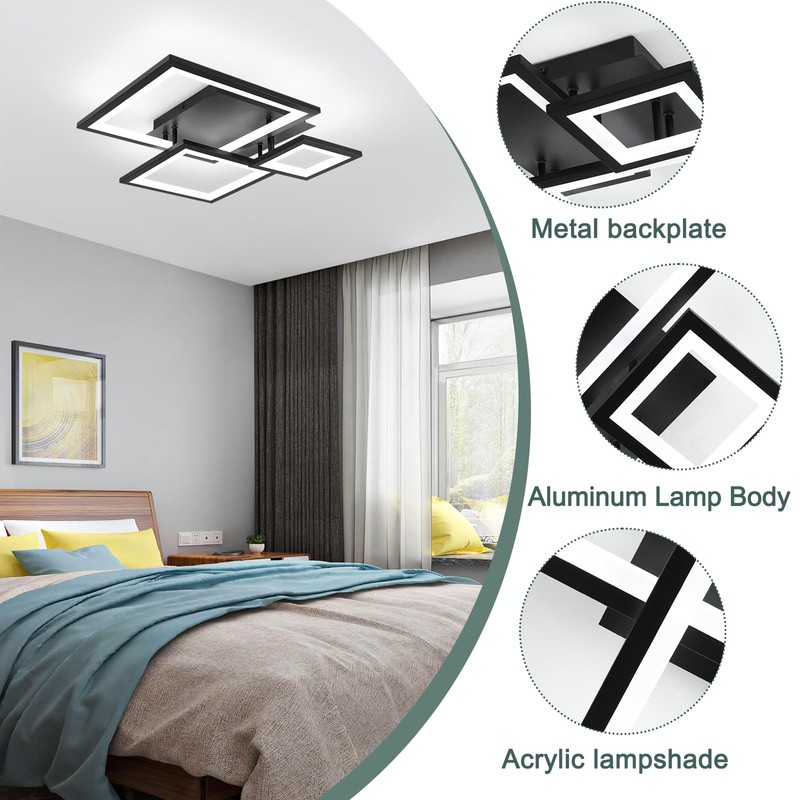 HLILCEH Modern Black Led Ceiling Light 3-Square Design 3000K-6500K Dimmable