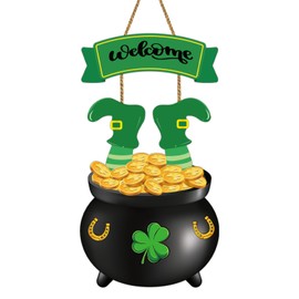 St Patricks Day Decorations St Patricks Day Wreath Door Decorations Wooden Wreaths for Front Door Hanger Gold Coin Jar Leprechaun Feet Welcome Sign Hanging Decor for Porch Wall Indoor Home Decor