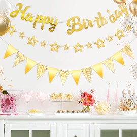 CANREVEL 3 PCS Gold Happy Birthday Banners, Hanging Stars Garland and Pennant Banner Flags, Gold Party Decorations, Golden Birthday Party Supplies for Women Men Girls Boys Adults Kids
