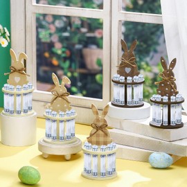 Yeyeplum 5 Pcs Easter Money Holder Wooden Easter Ornaments with 10 Holes Handmade Easter Money Tree Bunny Rabbit Cash Holder Holiday Table Centerpiece Decorations (Brown, Beige,Vintage Style)