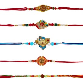 Set of 5 Rakhi for Brother | Om Rakhi for Small Brother Sister| Rudraksha Rakhi for Brother Bhaiya Bhabhi | Designer Ganesha Rakhi for Brothers & Sister | VRDUK0253K (Design1)