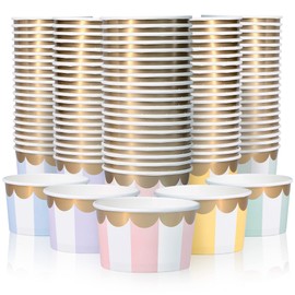 Confettiville Paper Ice Cream Cups, 100-Count 5.5-Oz Disposable Dessert Bowls for Hot or Cold Food, 5.5-Ounce Party Supplies Treat Cups, 5 Colors Pastel Stripes with Scalloped Gold Foil