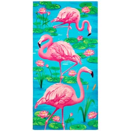 Beachland Flamingo Beach Towel 30 x 60 inch 100% Cotton (1 Towel 30" x 60", Flamingos and Flowers)