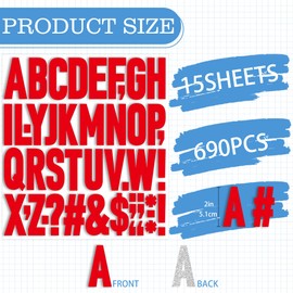 15 Sheets 690Pcs Iron on Letters 2 Inch Vinyl Iron on Letters for Clothing Heat Transfer Letters with A-Z PU Alphabets Stickers Heat Press Letters for T-Shirts Jerseys Hats Printing DIY Crafts (Red)
