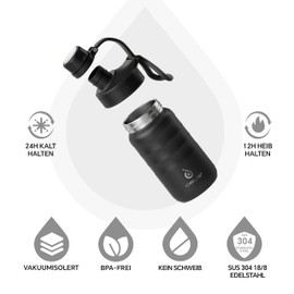 IDEUS Vacuum Insulated Water Bottle, 12 oz (360 ml) Stainless Steel Double Wall Bottle Metal Sports Canteen with Leak-Proof Screw Cap (Black)