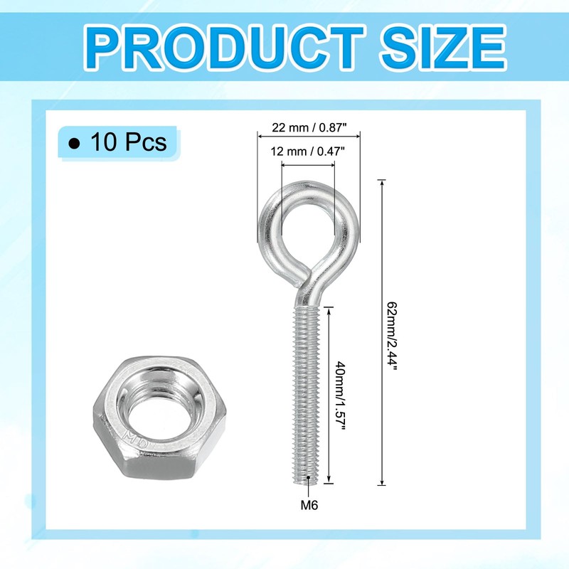 PATIKIL M6x40mm Eye Bolts, 10 Pcs Carbon Steel Threaded Eyebolt