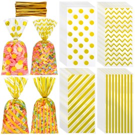 Aodaer 100 Pieces 10.6 x 5.1 In Gold Cellophane Bags Plastic Candy Bag Cellophane Treat Bags Polka Dot Stripes Printed Pattern Goodie Gift Bag with Twist Ties for Birthday, Baby Showers, Weddings Party Supplies