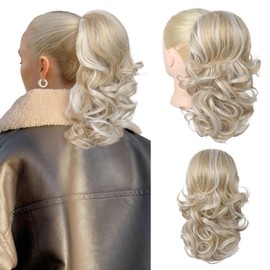 Flufymooz Ponytail Extension, 14 Inch Short Drawstring Ponytail Hair Extension for Women, Soft Synthetic Pony Tails Hairpiece for Women (Ash blonde with White blonde Highlight)