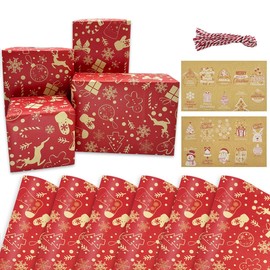 Christmas Wrapping Paper for Gift Wrapping - 6 Sheets Festive Design Red Xmas Gift Wrapping Paper 70 x 50cm Kraft Paper with Gift Tags and Ribbon