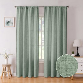 Tollpiz Short Linen Curtain Living Room Rod Pocket Semi Sheer Curtains Burlap Light Filtering Thick Linen Drape for Bedroom, 54 x 45 inches Long, Sage Green, Set of 2 Panels