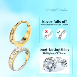 BodyBonita Septum Rings Jewelry 16G, G23 Titanium Nose Rings Hoops for Women Men, Clear CZ Nostril Piercing 8 mm Gold Plated