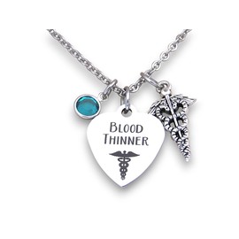 Medical Alert Blood Thinner Heart Necklace W/Caduceus Charm and Birthstone, Blood Thinner Medical Awareness Jewelry