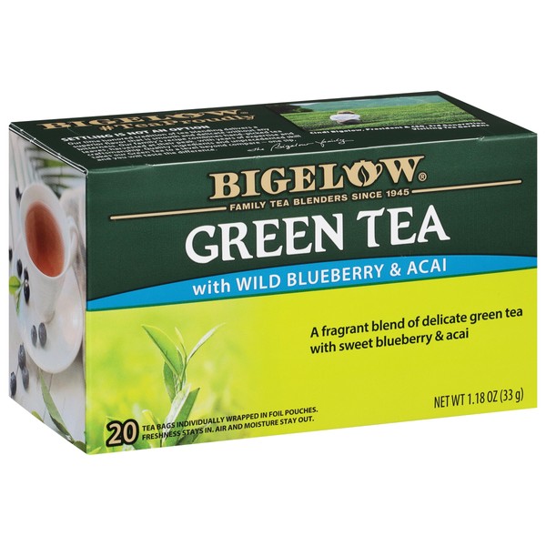 Bigelow Tea Green Tea with Wild Blueberry & Acai, Caffeinated, 20 Count (Pack of 6), 120 Total Teabags