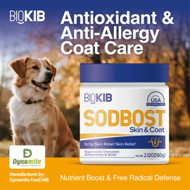 SODBOST Skin & Coat Supplement Powder for Dogs & Cats-SOD Enzyme Skin Relief Formula for Allergy & Itch Relief, Stops Scratching & Reduces Shedding - Plant-Based, Made in USA - 60 Scoops