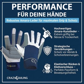crazy4sailing Sailing Gloves Men & Women Cruising Navy L - Comfortable Short Fingers for Sailing, Kayaking & Cycling - Soft Amara Leather - The Ideal Allrounder for Cruise Sailors