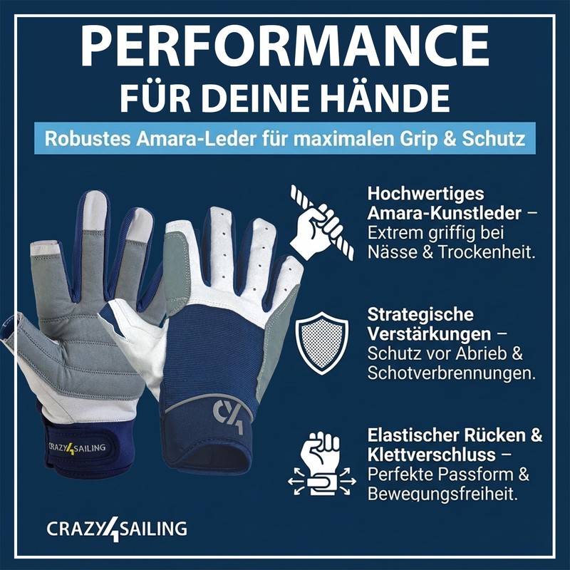 crazy4sailing Sailing Gloves Men & Women Cruising Navy L -